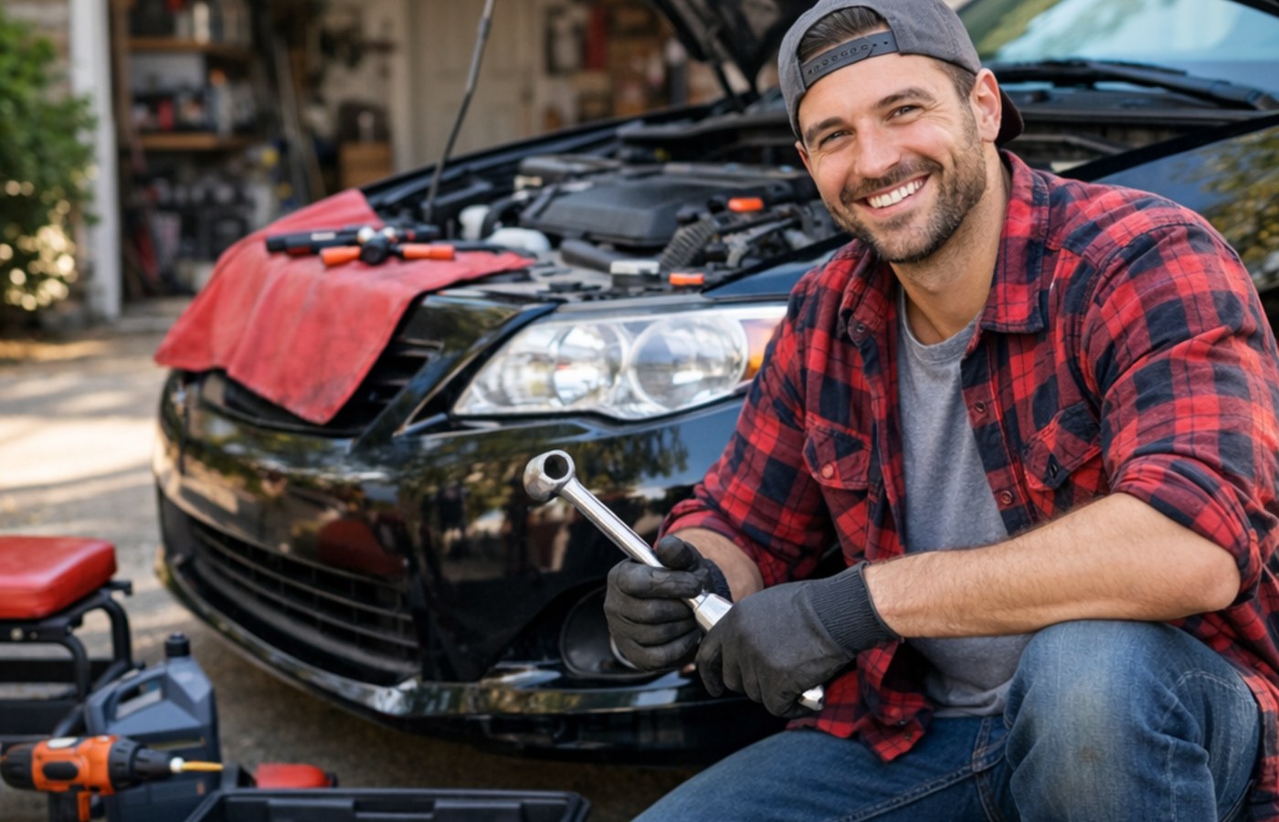 Auto parts customer working at home garage