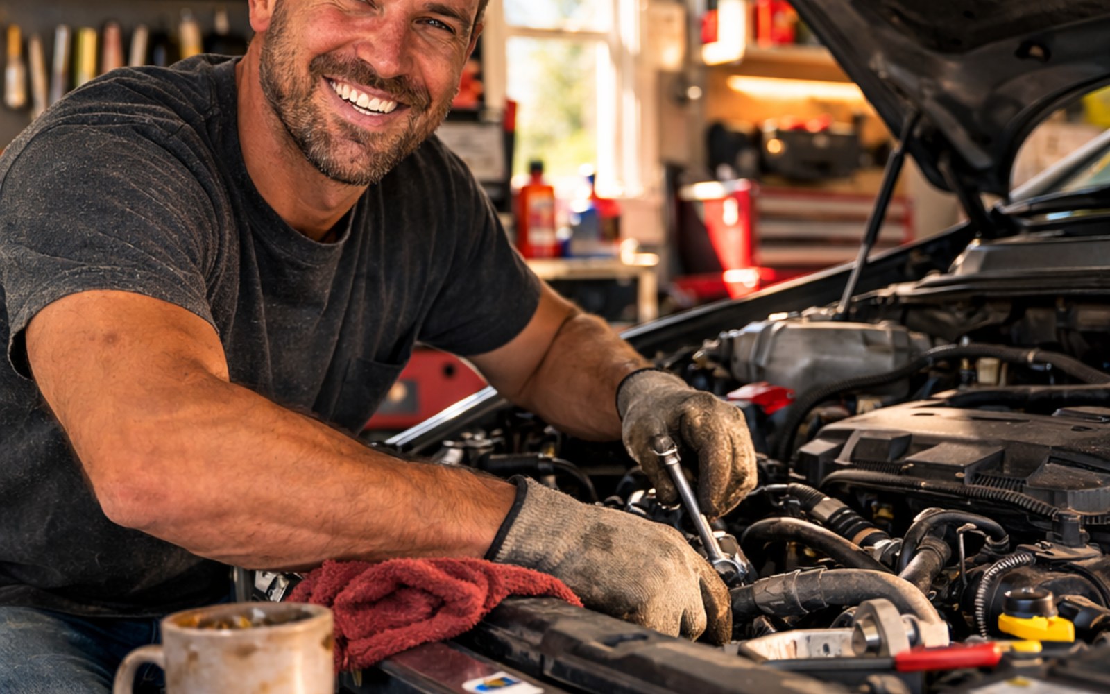Smiling mechanic working under the hood of a vehicle