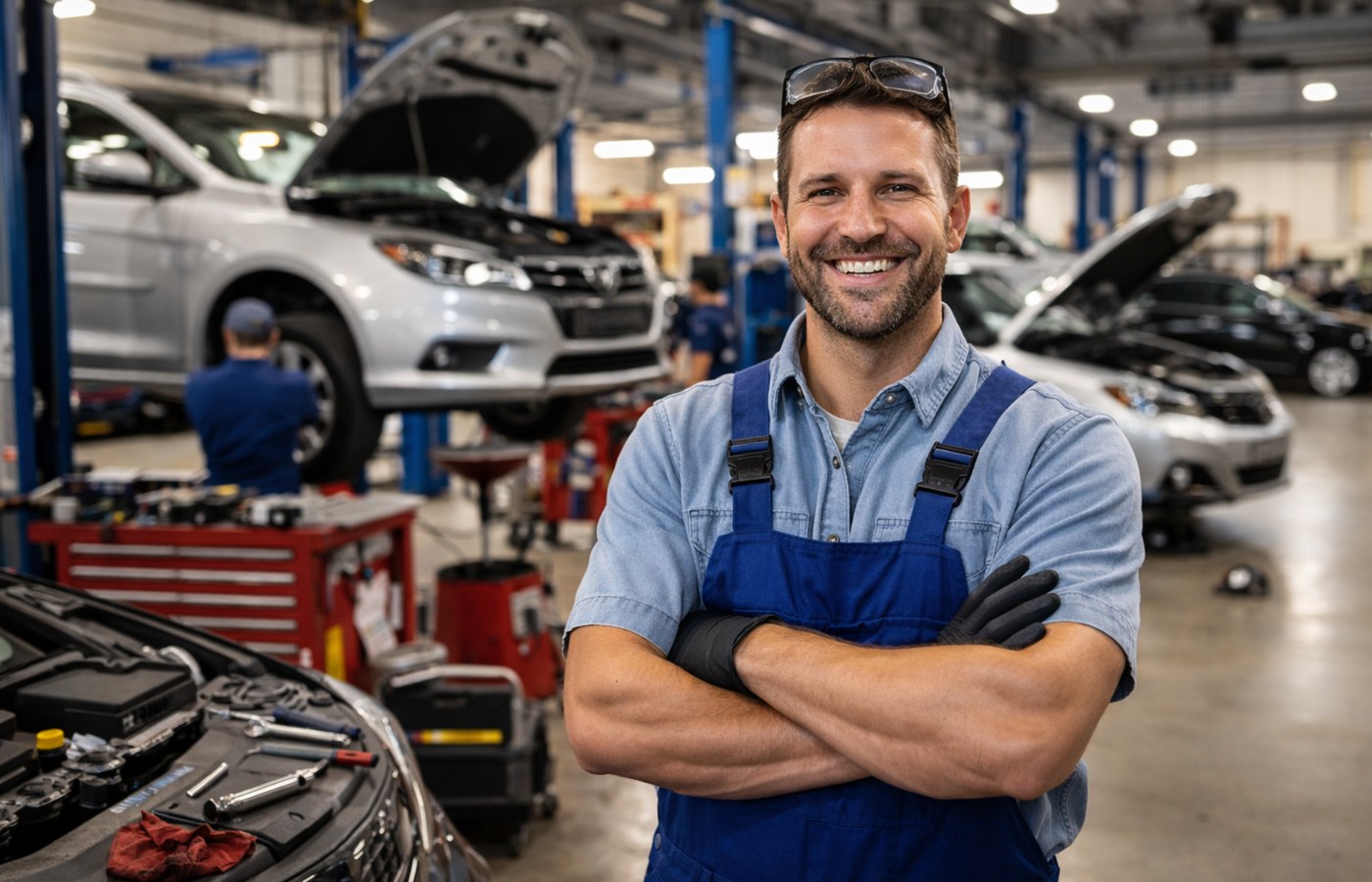 Auto service professional in a busy shop